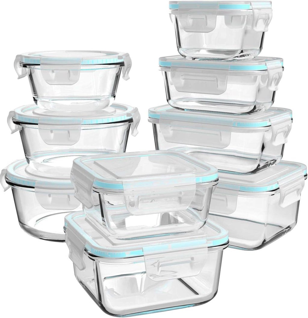 AILTEC Glass Food Storage Containers with Lids, [18 Piece] Glass Meal Prep Containers, Containers for Food Storage with Lids, BPA Free & Leak Proof (9 Lid & 9 Container)
