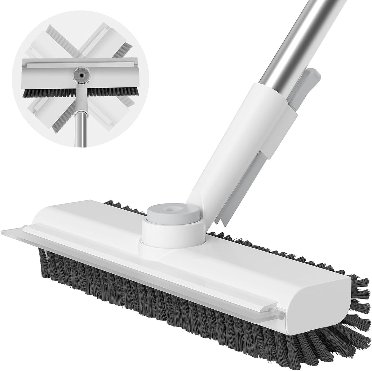 USADO-Cepillo para fregar suelos con mango largo, 3 en 1: raspador y cepillo de cerdas rígidas de alta resistencia para limpiar duchas, baños, patios, piscinas, garajes, cocinas, paredes y terrazas (blanco, 1 unidad).