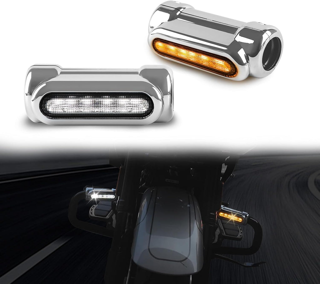 Luces de barra de carretera con intermitentes integrados, compatibles con barras de protección de 1.25", luz LED cromada para barra de protección con luz diurna blanca e intermitente ámbar para Harley Street Glide 2024-2026