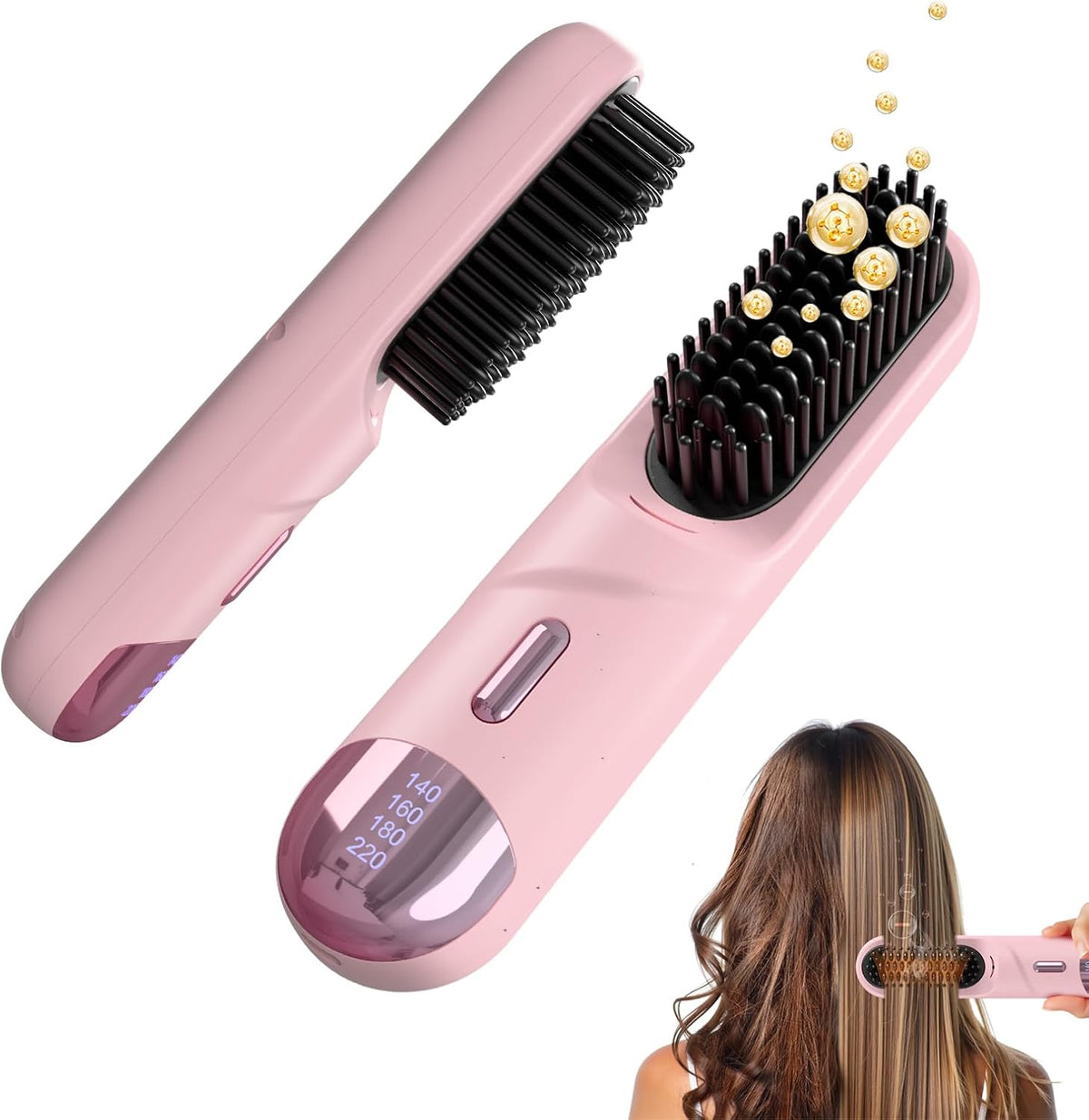 Cepillo alisador de cabello Go Brush Pro para cabello corto, inalámbrico y portátil con 300M de iones negativos, 4 temperaturas, calentamiento rápido, herramienta de peinado lista para el día del partido, ideal para fiestas, viajes y uso diario. Color