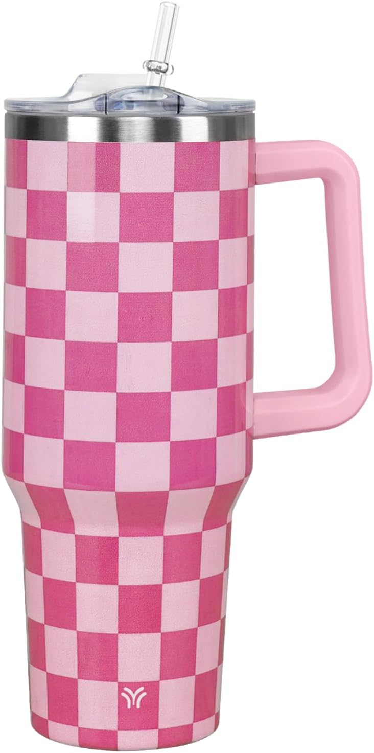 Vaso térmico wesncdch de 1,2 litros con asa y tapa con pajita | Vaso térmico con aislamiento al vacío a prueba de fugas | Botella de agua de acero inoxidable | Regalos para mamás, papás, mujeres, hombres, él y ella | Cuadros rosas