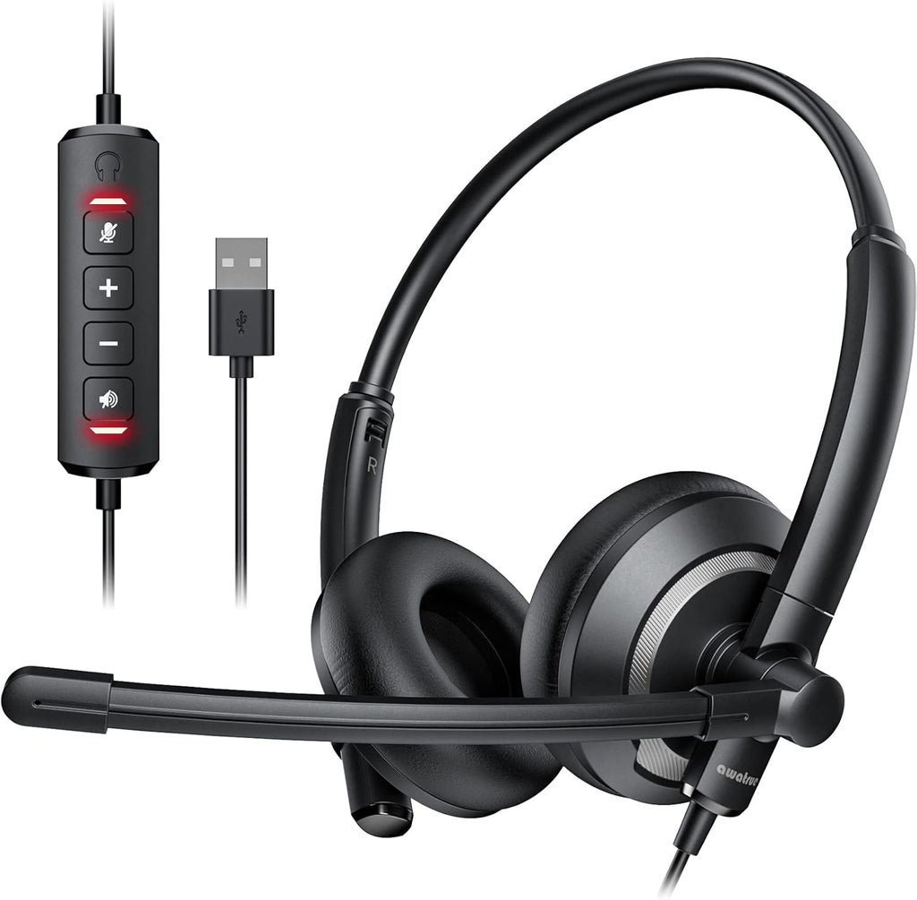 awatrue EH05-U Diadema USB con Microfono con Cancelacion de Ruido | para PC y Laptop | Control en Linea, Ligera, Sonido Mejorado y Silencio de Microfono