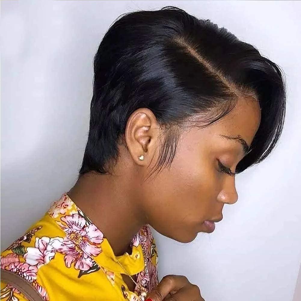 Pelucas de encaje frontal con corte pixie de cabello humano Usexy Hair 13x4x1 Pelucas de encaje frontal de cabello humano Pelucas bob cortas de cabello humano Pelucas de encaje frontal pixie lisas para mujeres negras Pre-depiladas (color natural)