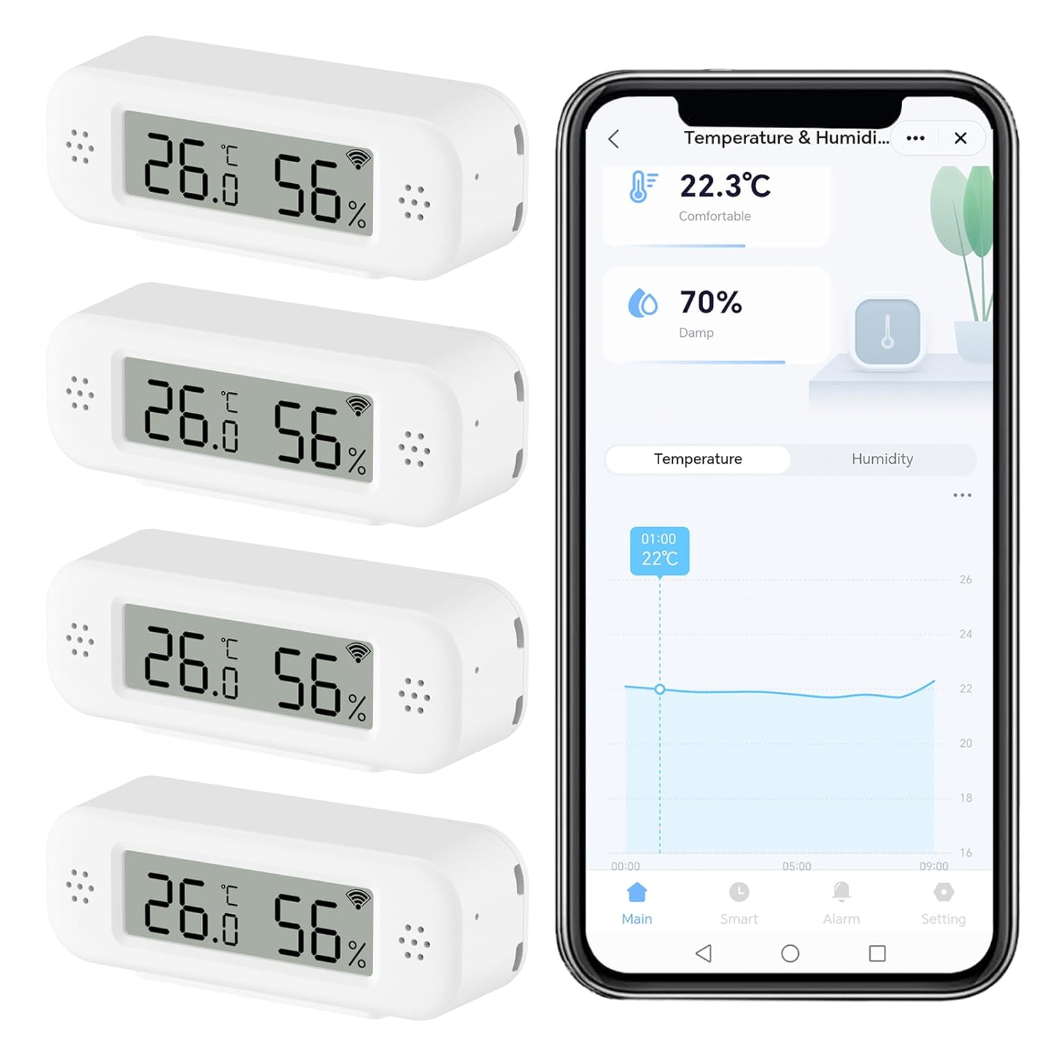 Termómetro higrómetro digital inteligente, sensor de humedad y temperatura interior WiFi con alertas de aplicación, mini medidor de temperatura ambiente con almacenamiento y exportación de datos, compatible con Alexa. 4 unidades. 