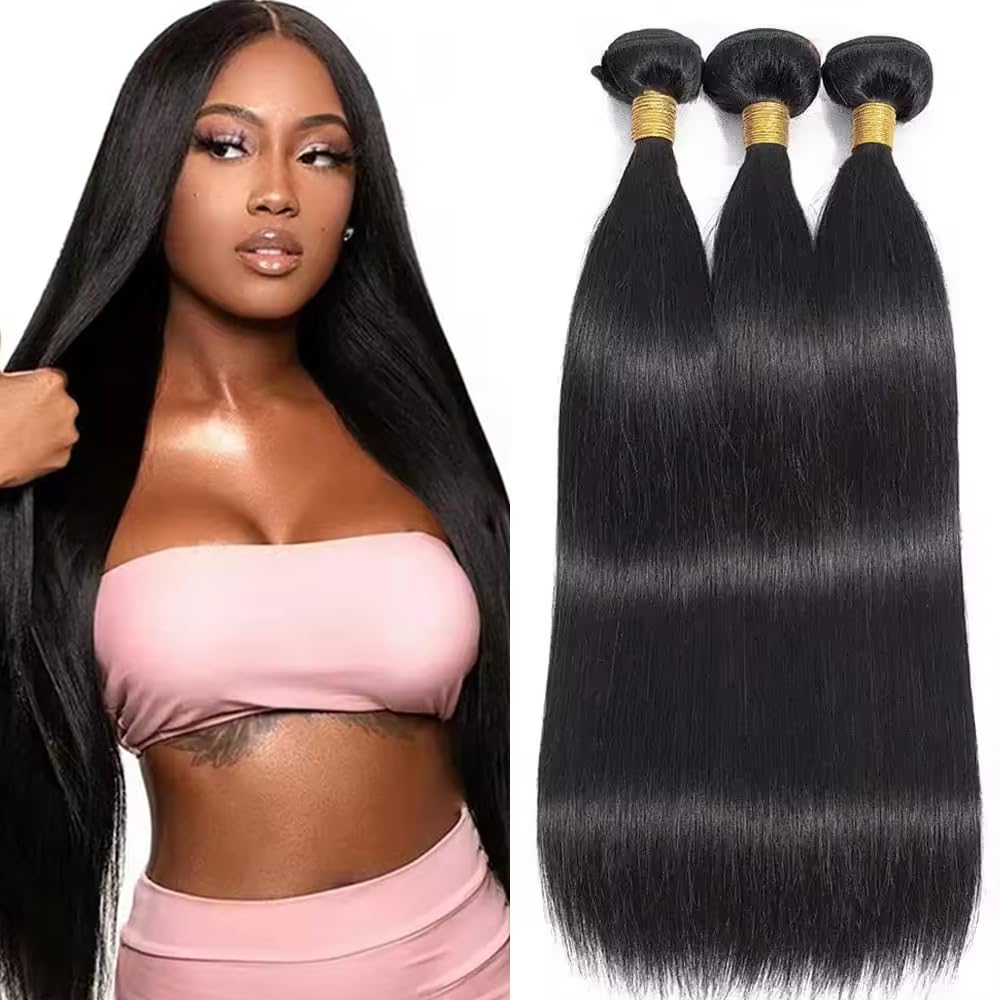 Extensiones Cabello Humano #1B Negro Natural Liso Bultos NerriHou Cabello Virgen Brasileño 3 Bultos Color Natural 35.6-45.7 cm 50 Gramos por Bulto