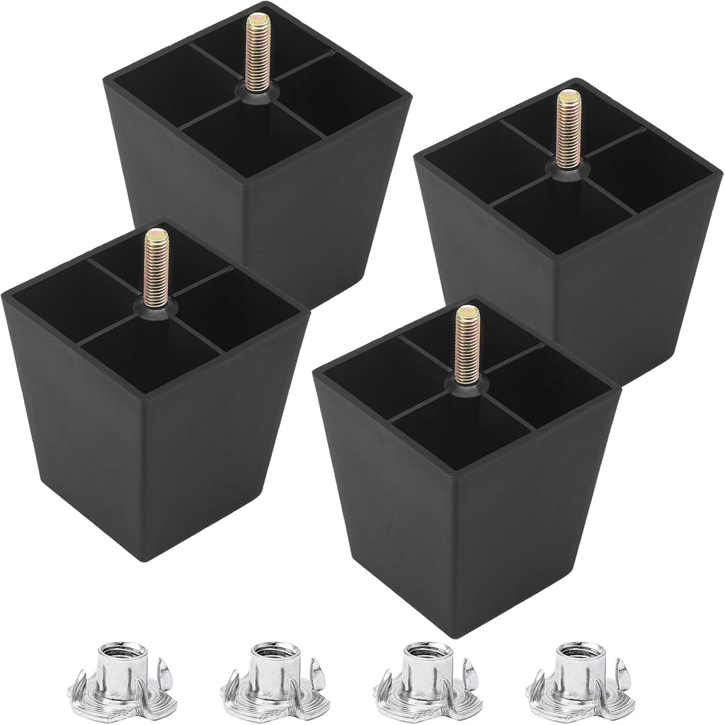 Luomorgo 3 patas de mesa de plástico de 7,6 cm (3 pulgadas), patas de muebles cónicas negras, patas de repuesto cuadradas para sofá con rosca M8 y tuercas en T, patas de muebles resistentes para sofá, armarios, cómodas y sillas.