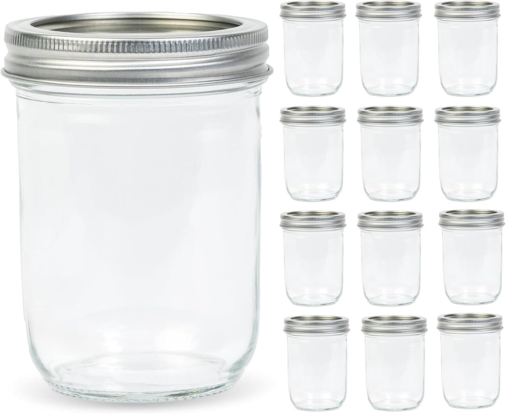 Yodecy Paquete de 12 frascos Mason transparentes de boca ancha de 473 ml con tapas de metal plateadas, ideales para conservas de avena nocturna, almacenamiento de alimentos, alimentos secos, refrigerios, dulces y más.