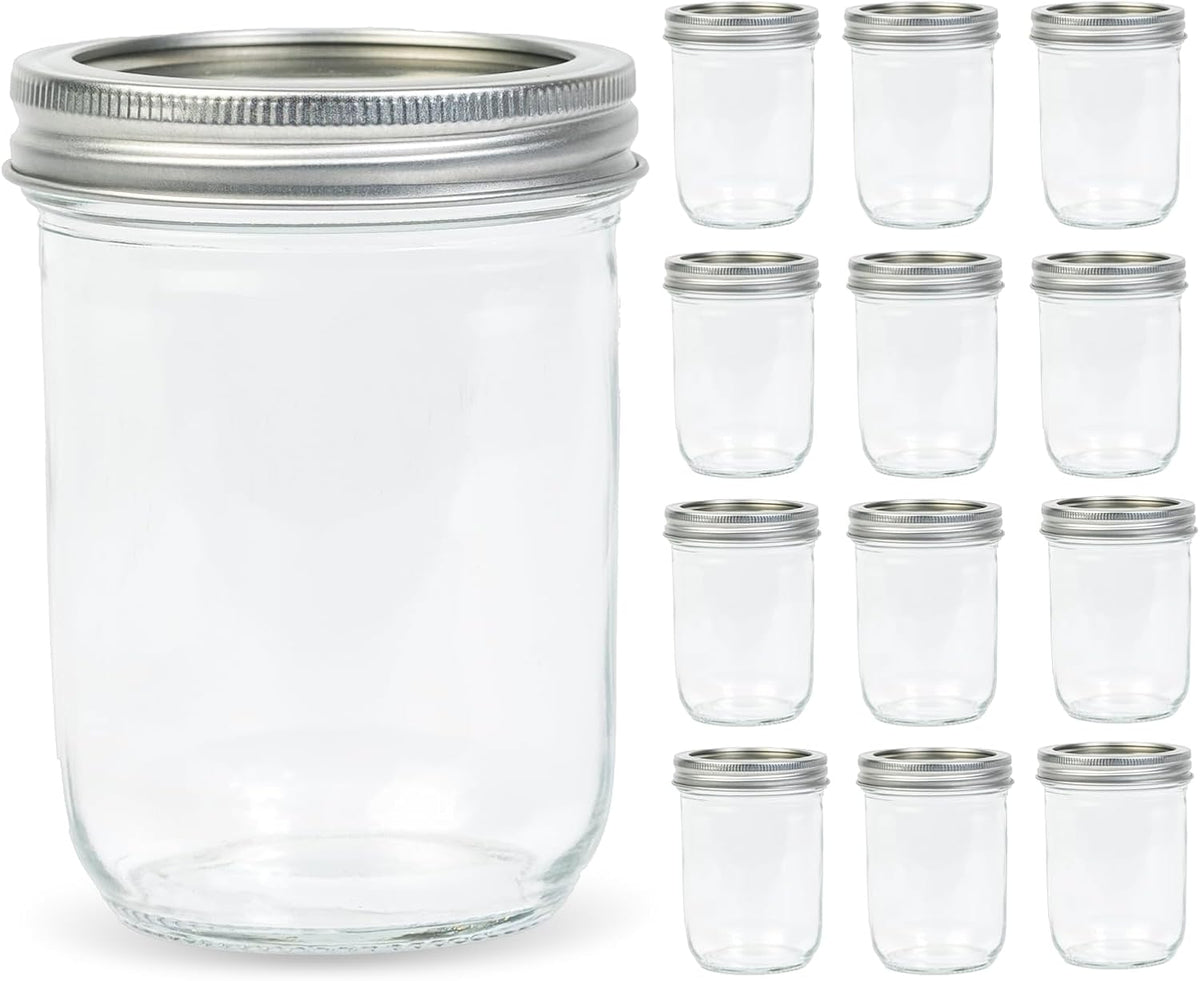 Yodecy Paquete de 12 frascos Mason transparentes de boca ancha de 473 ml con tapas de metal plateadas, ideales para conservas de avena nocturna, almacenamiento de alimentos, alimentos secos, refrigerios, dulces y más.