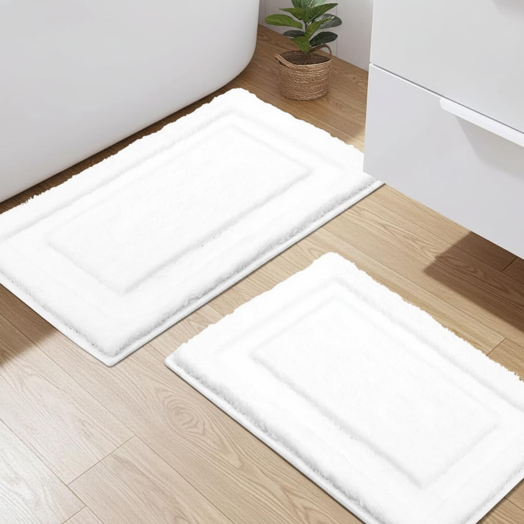 SHACOS White Bath Mat Set of 2 Pieces 16x24 + 20x32 inch, Microfiber Non Slip Bath Mat Washable Bathroom Rugs, Absorbent Bath Rug Soft Plush Bathroom Carpet