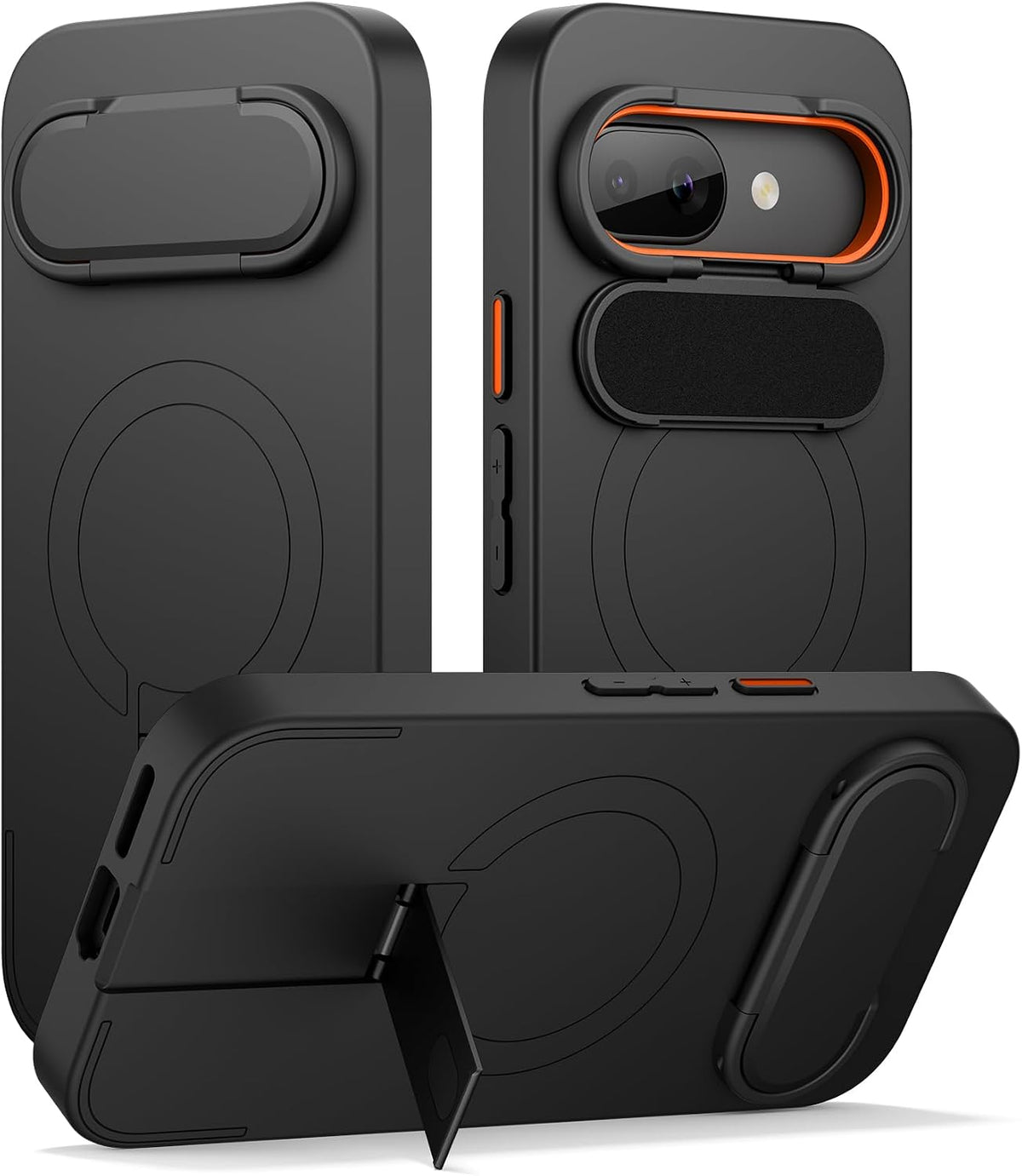 Funda SURITCH para Google Pixel 9a – Compatible MagSafe, Tapa para Cámara y Soporte Metálico Ajustable, Negro