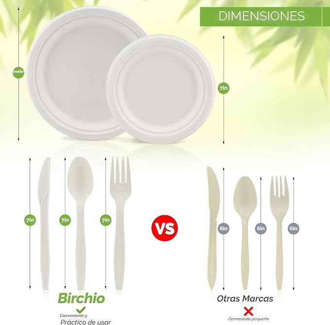 Juego de Vajilla Desechable Biodegradable 250 Piezas – Platos, Tenedores, Cuchillos y Cucharas Compostables para Fiesta