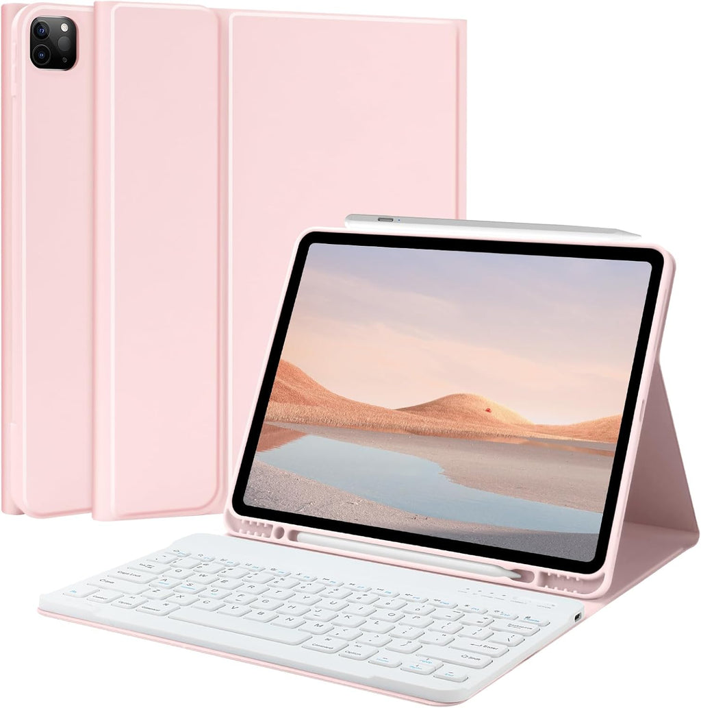 Funda TQQ con teclado para iPad Air de 13 pulgadas (M4/M3/M2, 2026/2025/2024) y Pro de 12,9 pulgadas. Funda con teclado para iPad Pro de 12,9 pulgadas (6.ª/5.ª generación) con portalápices para iPad Air de 13 pulgadas (2026) (rosa). 
