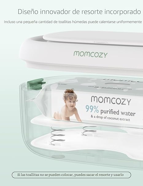 Momcozy Calentador de toallitas para bebé, diseño innovador de resorte, dispensador de toallitas de gran capacidad, calentamiento rápido y uniforme, 4 modos de control de temperatura, calentador