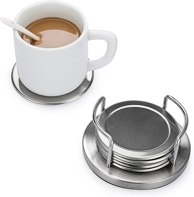 JUXYES Juego de 6 posavasos redondos de acero inoxidable con soporte y parte inferior de esponja, juego de posavasos de metal plateado, impresionantes posavasos geniales para decoración de restaurante, cocina, bar, mesa de comedor