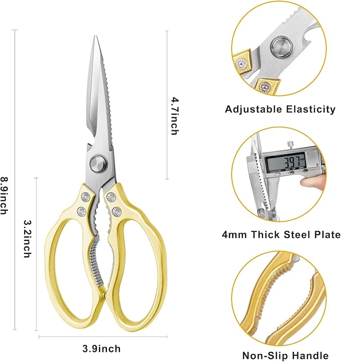 AWinjoy Tijeras de cocina, resistentes y afiladas aptas para lavavajillas, accesorios de cocina para cortar carne, pollo, pescado, aves de corral, hierbas y pan (dorado)
