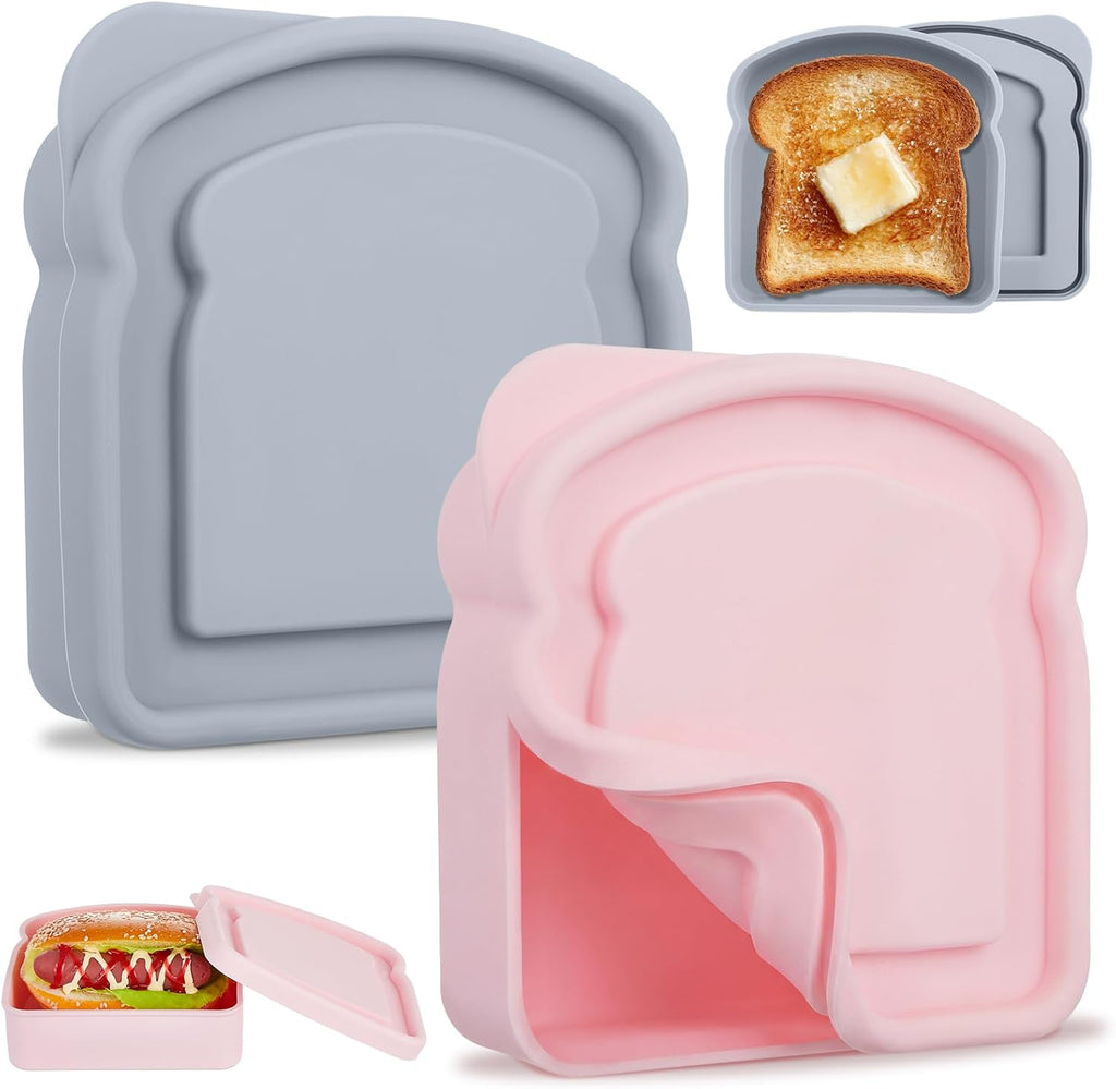 Willinglong Juego de 2 recipientes de silicona para sándwiches, loncheras, recipientes reutilizables para tostadas, bocadillos y más, aptos para microondas y lavavajillas (azul y rosa).