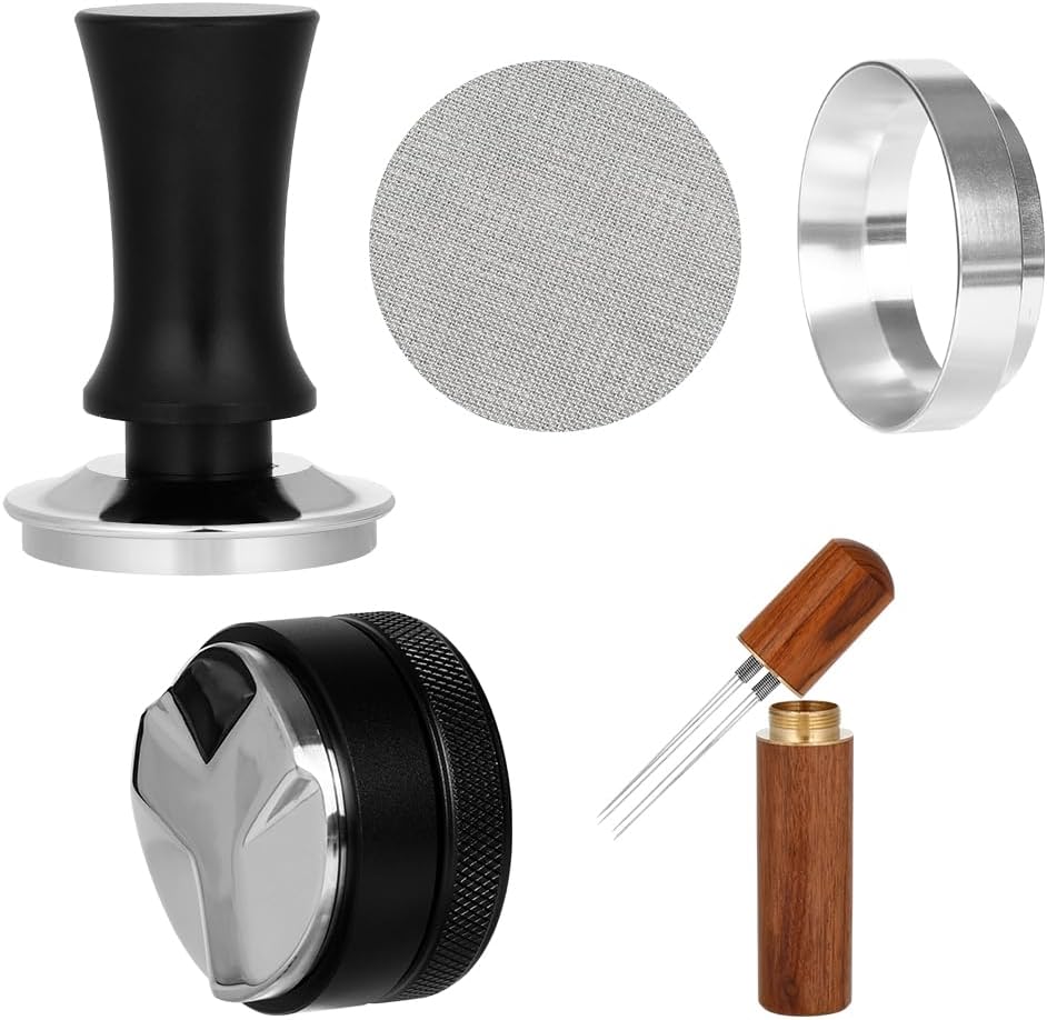 Fly2Top Adjustable Depth Espresso Tamper Set: 58mm Spring Loaded Espresso Distributor Leveler with Magnetic Dosing Funnel Aluminum Metal & Reusable Screen