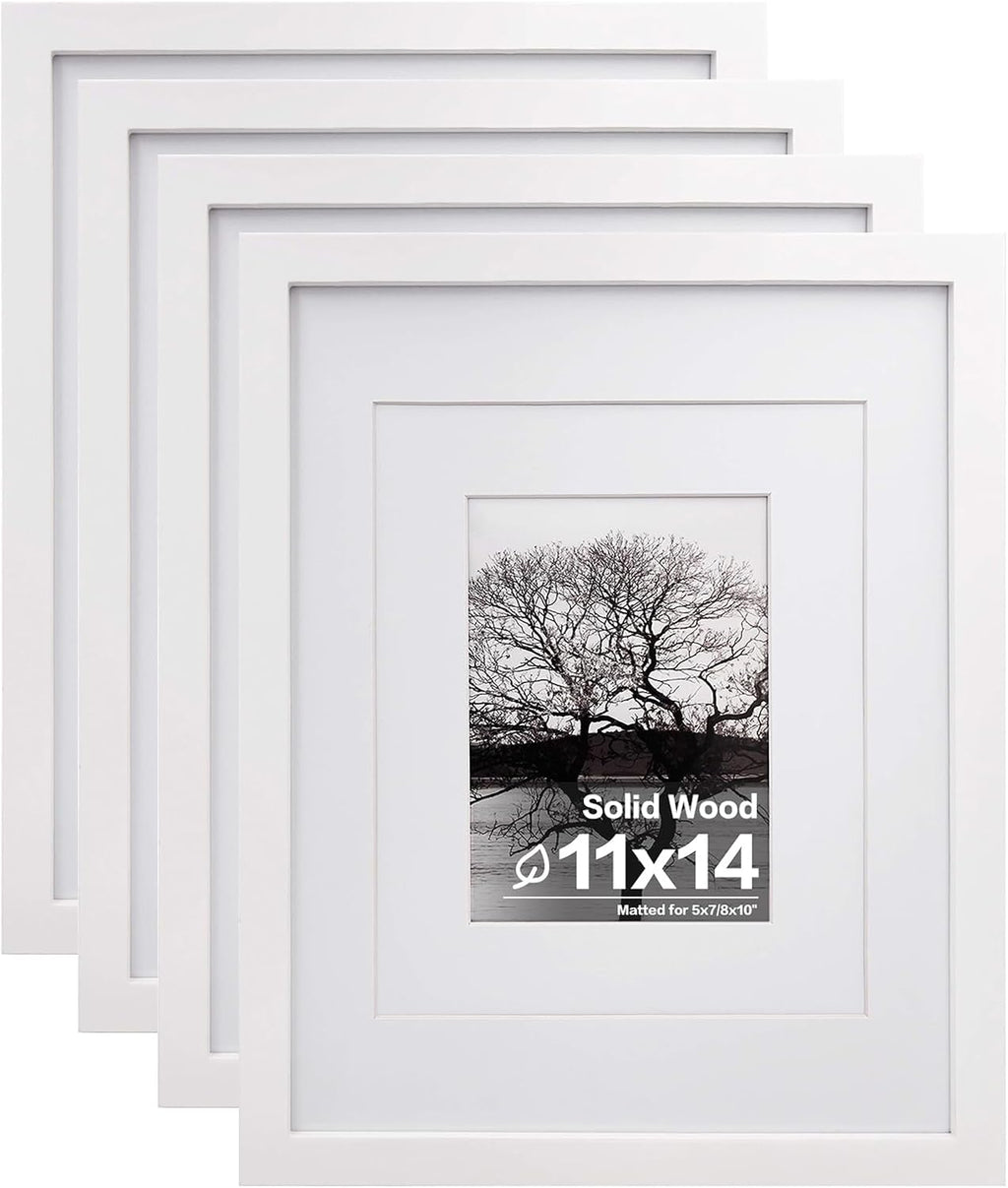 ( ARTICULO VIENE COMO SE MUESTRA EN LA SEGUNDA IMAGEN  ) Egofine Set 4 Marcos de Fotos 11x14 | Madera Solida con Plexiglass, para 5x7 y 8x10 con Paspartu o 11x14 sin Paspartu (Blanco)
