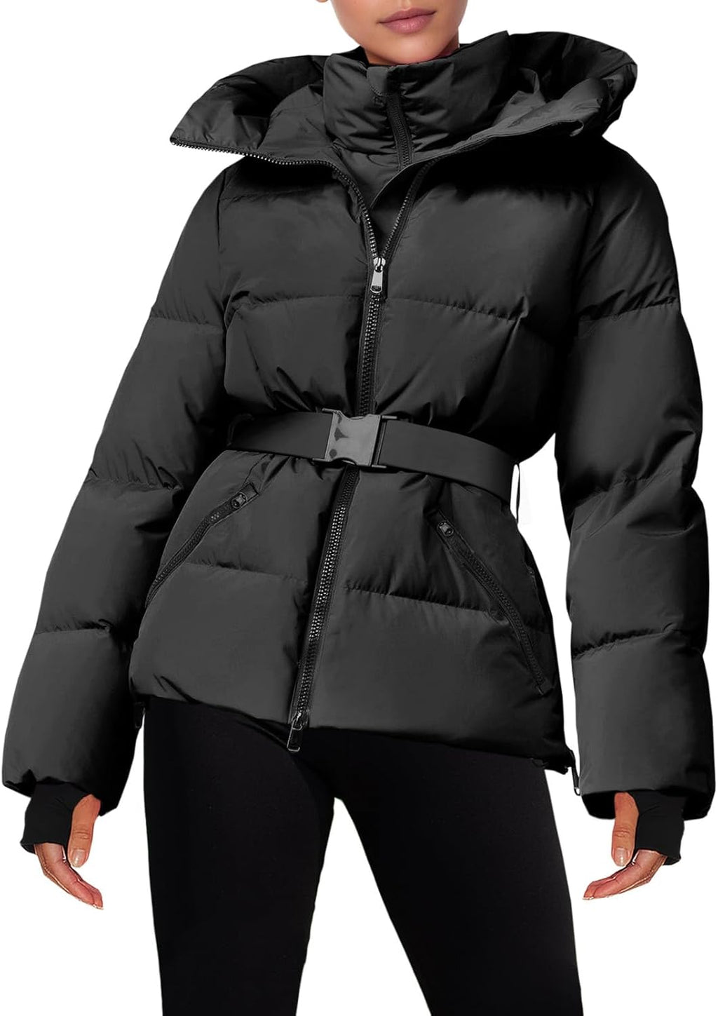 Chaqueta de Ski Fisoew para Mujer con Capucha - Acolchada, Impermeable, Cinturon Desmontable, Puños con Orificio para Pulgar