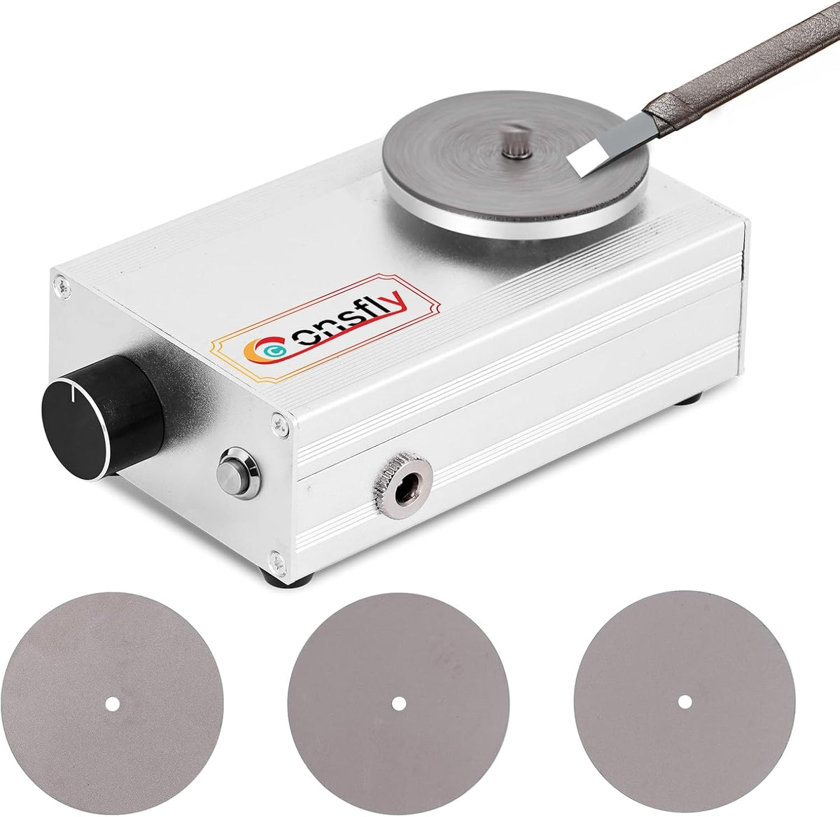 Afilador de cuchillas de grabado Consfly de 4000 rpm, afilador de herramientas de tallado con 4 discos de amolar, pulidor y rectificador para cortadores de grabado, manualidades y herramientas CNC.