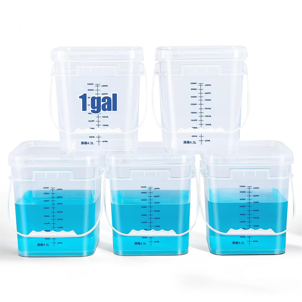 ASEVAT Cubeta Cuadrada de 1 Galon con Tapa 5 Pack | Contenedores Transparentes Grado Alimenticio con Asa | Uso Rudo, Libre de BPA