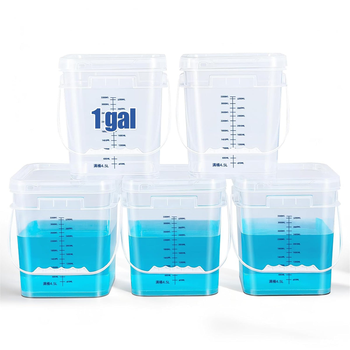 ASEVAT Cubeta Cuadrada de 1 Galon con Tapa 5 Pack | Contenedores Transparentes Grado Alimenticio con Asa | Uso Rudo, Libre de BPA