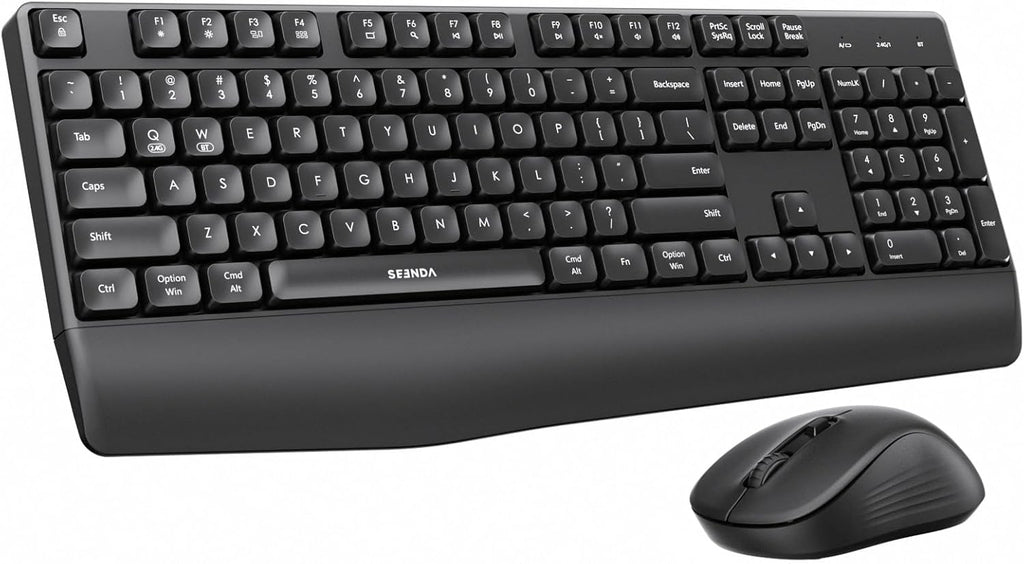 seenda COE200 - Combo de teclado inalámbrico Bluetooth, teclado ergonómico con reposamuñecas, mouse silencioso, conexión multidispositivo, compatible de tamaño completo para PC con Windows, laptop, MacBook, color negro