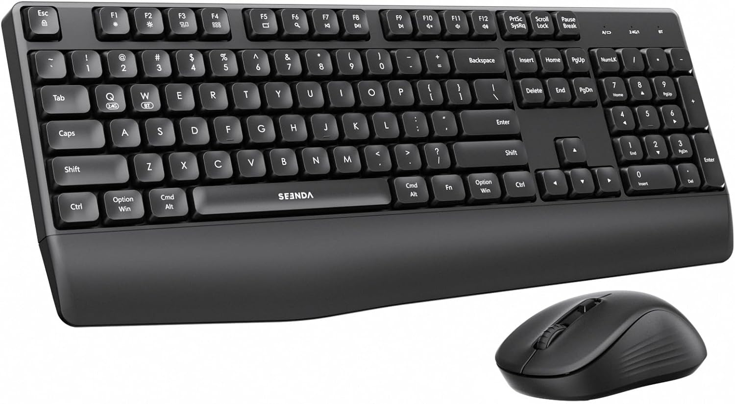 seenda COE200 - Combo de teclado inalámbrico Bluetooth, teclado ergonómico con reposamuñecas, mouse silencioso, conexión multidispositivo, compatible de tamaño completo para PC con Windows, laptop, MacBook, color negro
