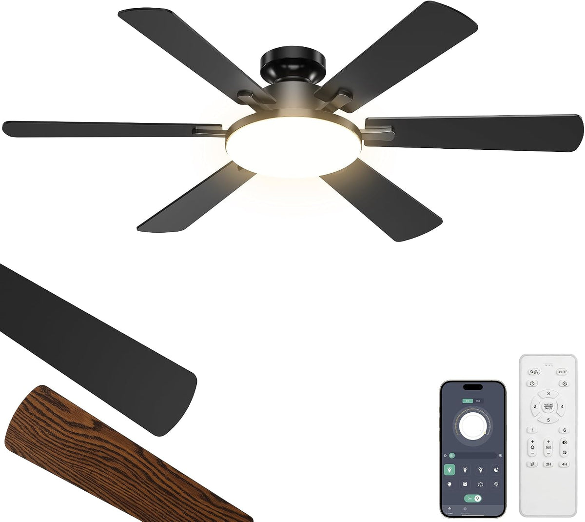 Ventilador de techo de 52 pulgadas con luz, 6 aspas de doble cara, motor de CC reversible ultra silencioso, control remoto y por aplicación, 6 velocidades, LED regulable de 3CCT con función de memoria, montaje empotrado para sala de estar, color negro.