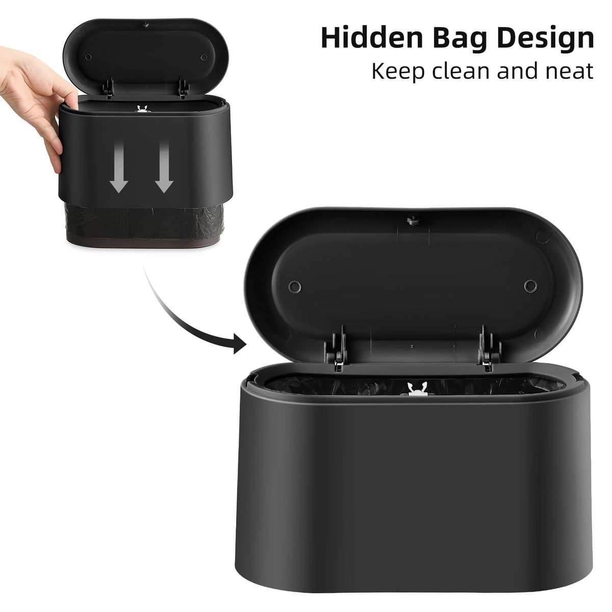 Mini bote de basura de mostrador de 0.5 galones con tapa para escritorio, pequeño bote de basura para oficina, pequeña papelera, plástico, negro