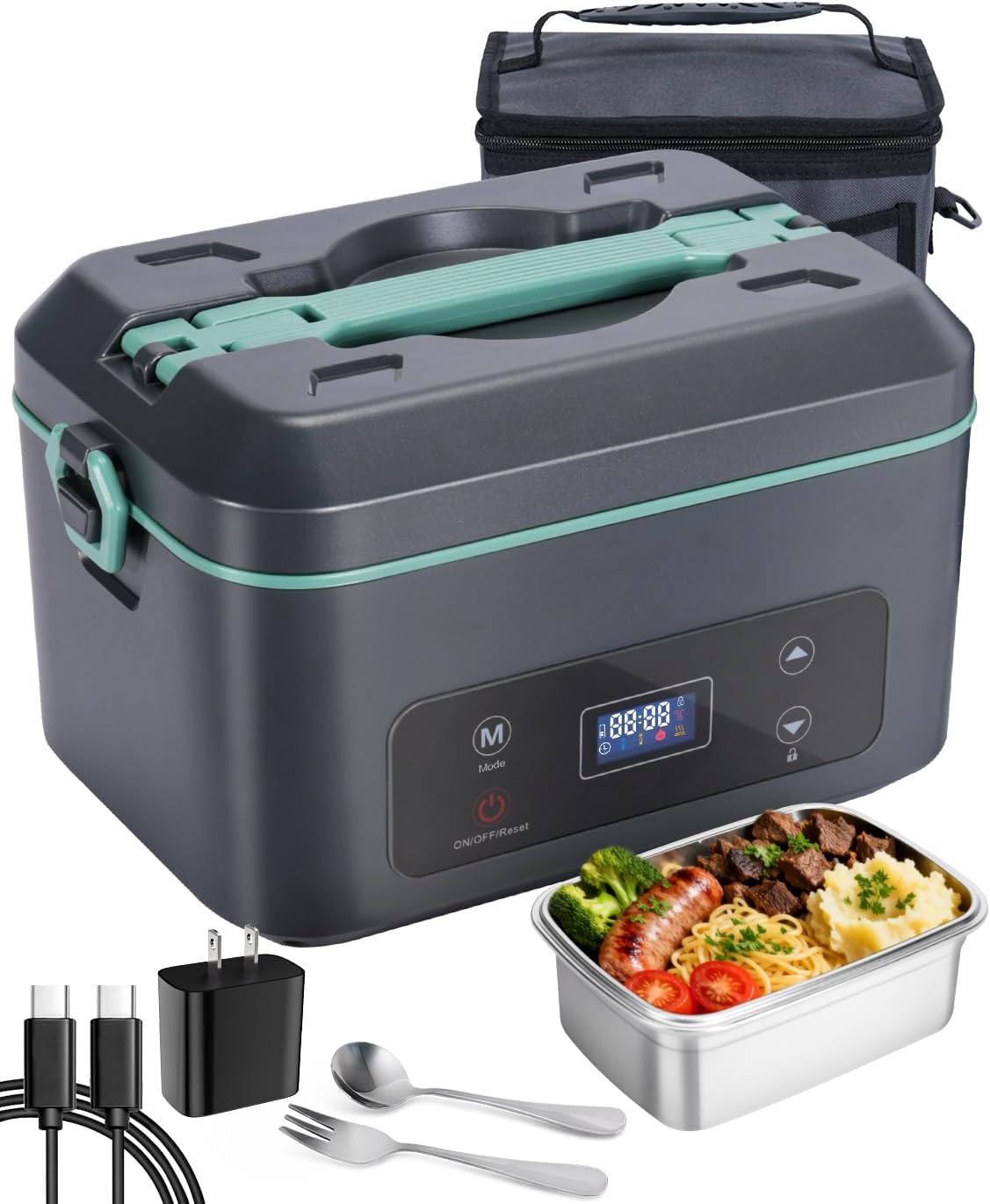 Fiambrera eléctrica inalámbrica SKEOS para adultos, fiambrera con calefacción a pilas con 5 lados calefactables, calentador de alimentos portátil con recipiente extraíble de 5,5 tazas, calentador de alimentos autocalentable para el trabajo, gris verdoso