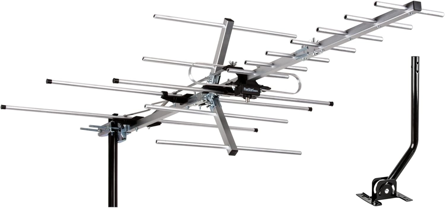 Antena de TV Five Star para interiores y exteriores, Yagi, HD, con alcance de hasta 320 km, para montaje en ático o techo, radio digital OTA/FM 4K 1080P con poste de montaje. 