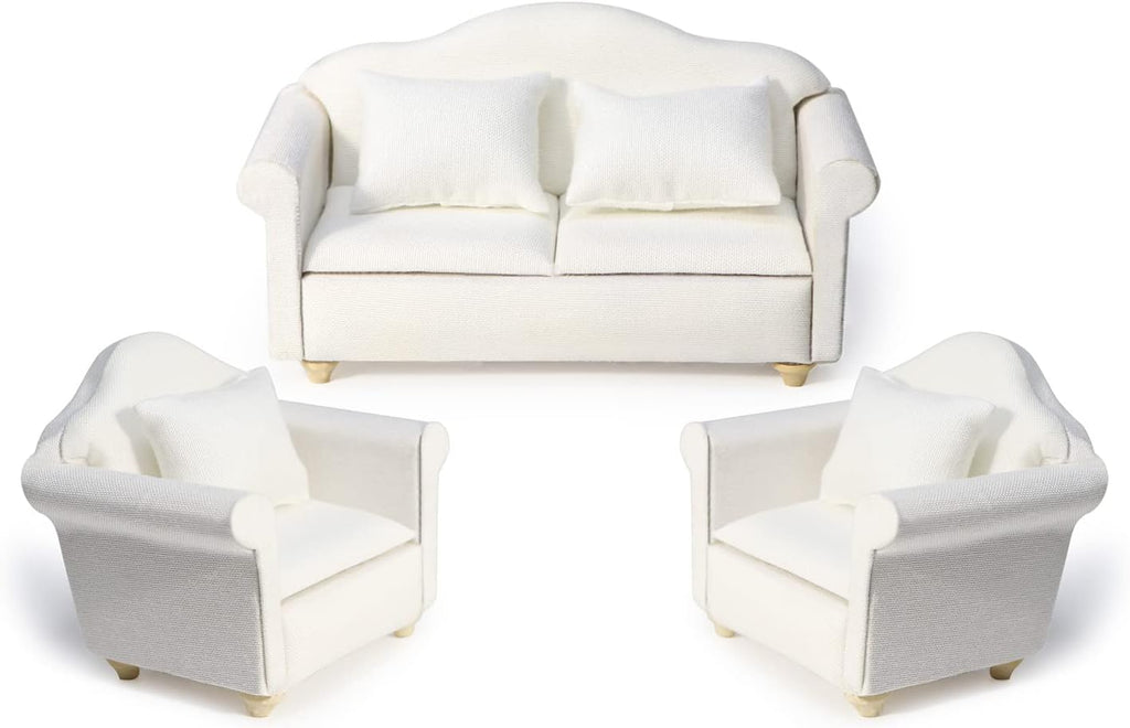 Dollhouse Couch Miniature Furniture Sofa with Pillows for Living Room Desktop Decoration Fabric Sofa Mini Home Scene Accessories Ornament (Sofa Set, White)