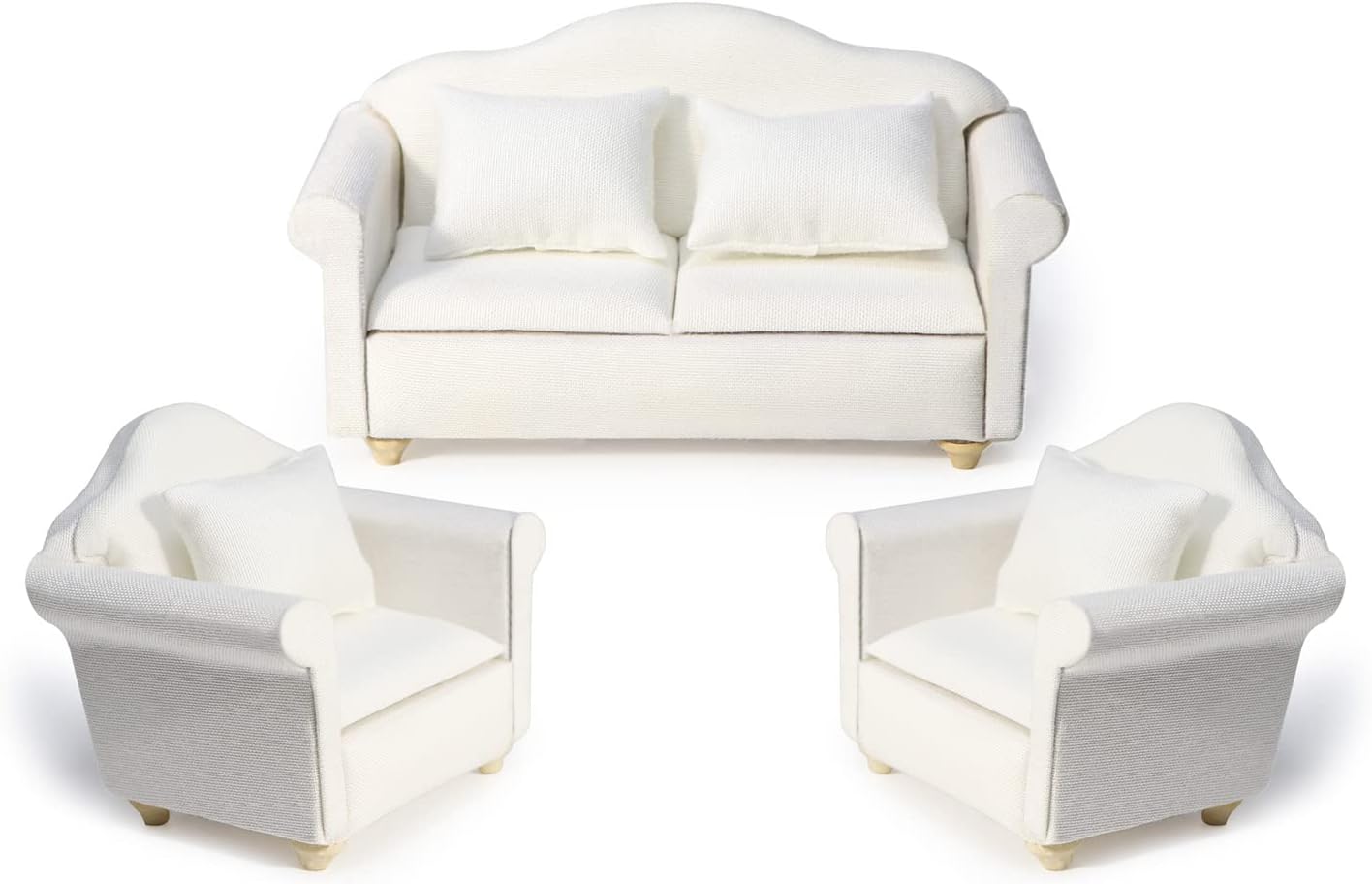 Dollhouse Couch Miniature Furniture Sofa with Pillows for Living Room Desktop Decoration Fabric Sofa Mini Home Scene Accessories Ornament (Sofa Set, White)