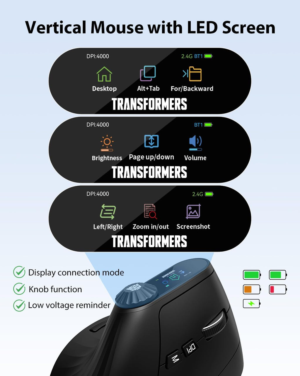 Transformers Ratón Vertical Ergonómico con Pantalla LED y Control de Perilla, Ratón Vertical Inalámbrico Recargable, Conectividad para 3 Dispositivos (2.4G + Bluetooth Dual), Clics Silenciosos