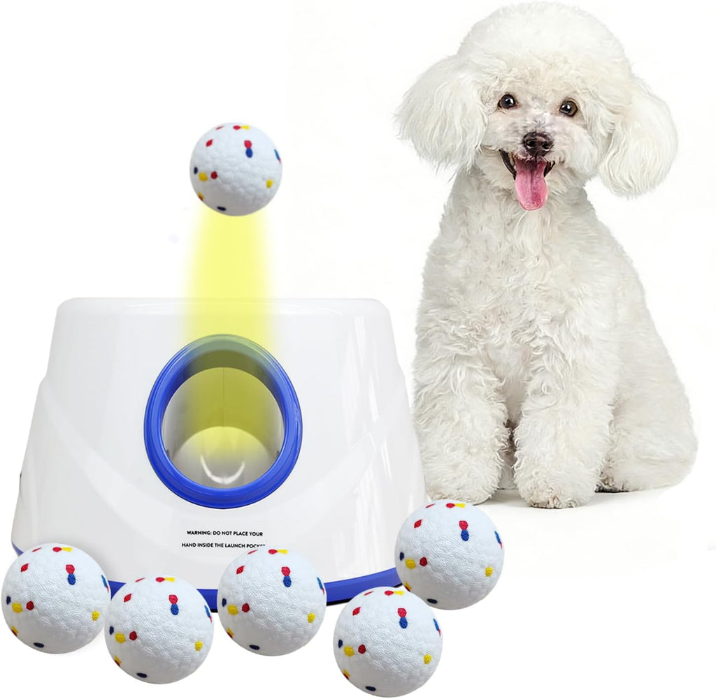 Lanzador Automático de Pelotas para Perros RFPP, Lanzador de Pelotas para Perros, 3 Distancias Ajustables 6-14 Metros, con 6 Pelotas ETPU de 5.8cm, para Perros Pequeños/Medianos, Juguetes Interactivos Interiores y Exteriores