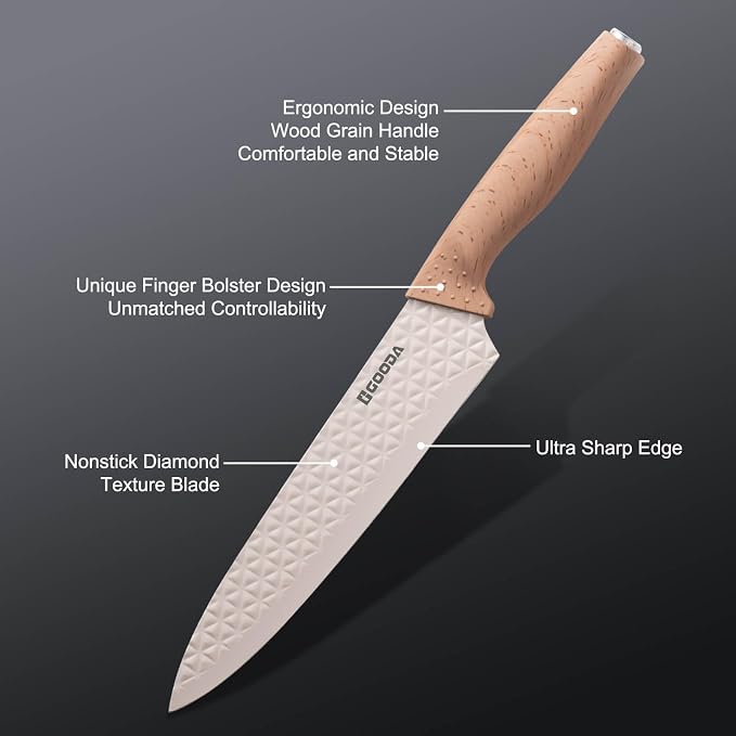 GOODA - Juego de cuchillos de cocina con bloque, juego de 6 piezas de cuchillos de chef profesionales para la cocina, juego de bloque de cuchillos de acero inoxidable antiadherente