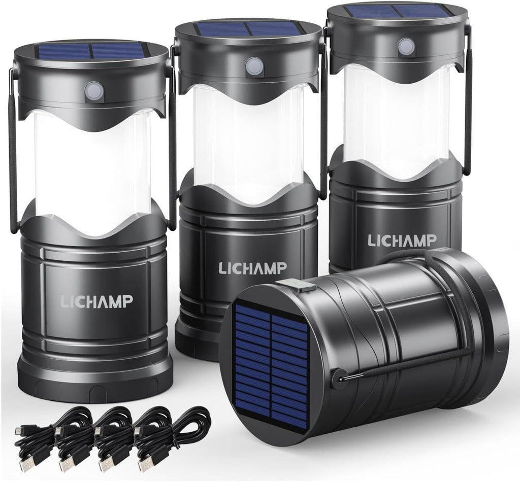 SOLO 3 LINTERNAS | Pack x3 Linternas Solares de Camping Lichamp – LED Recargables USB, Plegables con 3 Modos para Emergencias y Exteriores