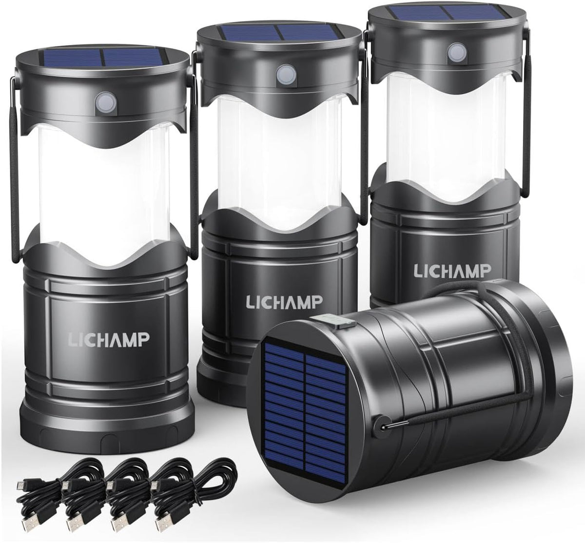 SOLO 3 LINTERNAS | Pack x3 Linternas Solares de Camping Lichamp – LED Recargables USB, Plegables con 3 Modos para Emergencias y Exteriores
