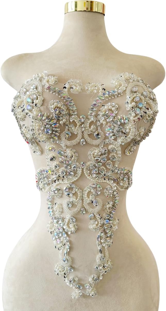 Aplíque de Encaje con Rhinestones y Cuentas Hecho a Mano Clear AB 13.7x21.2 Pulgadas – Para Coser en Vestidos y DIY