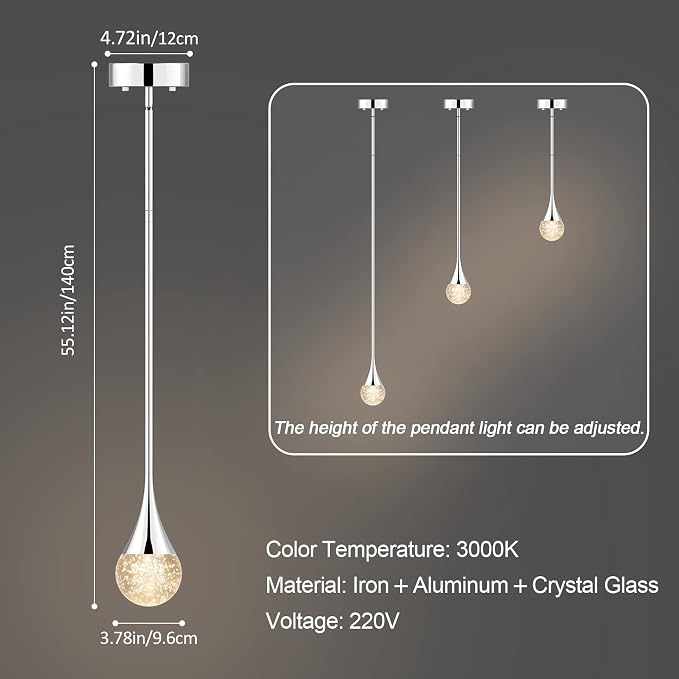 Lámpara Colgante de Cristal LED Klighten 10W 3000K – Araña Moderna de Metal con Altura Ajustable