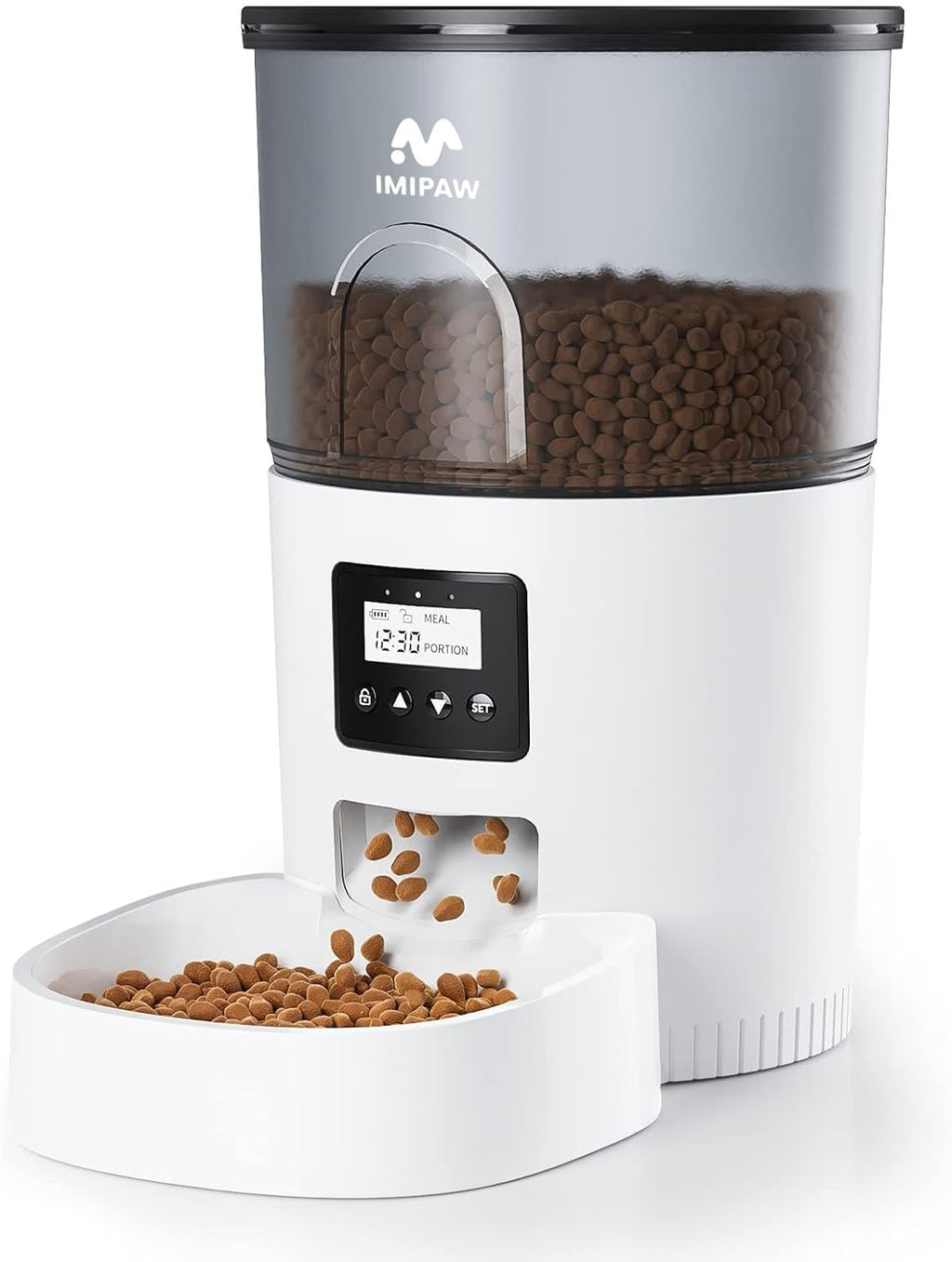 Comederos automáticos para gatos IMIPAW, dispensador de alimento seco temporizado de 3 L con bolsas desecantes, doble fuente de alimentación, tamaño de porción programable, 6 comidas, 20 porciones al día, comedero automático para gatos y perros pequeños. 