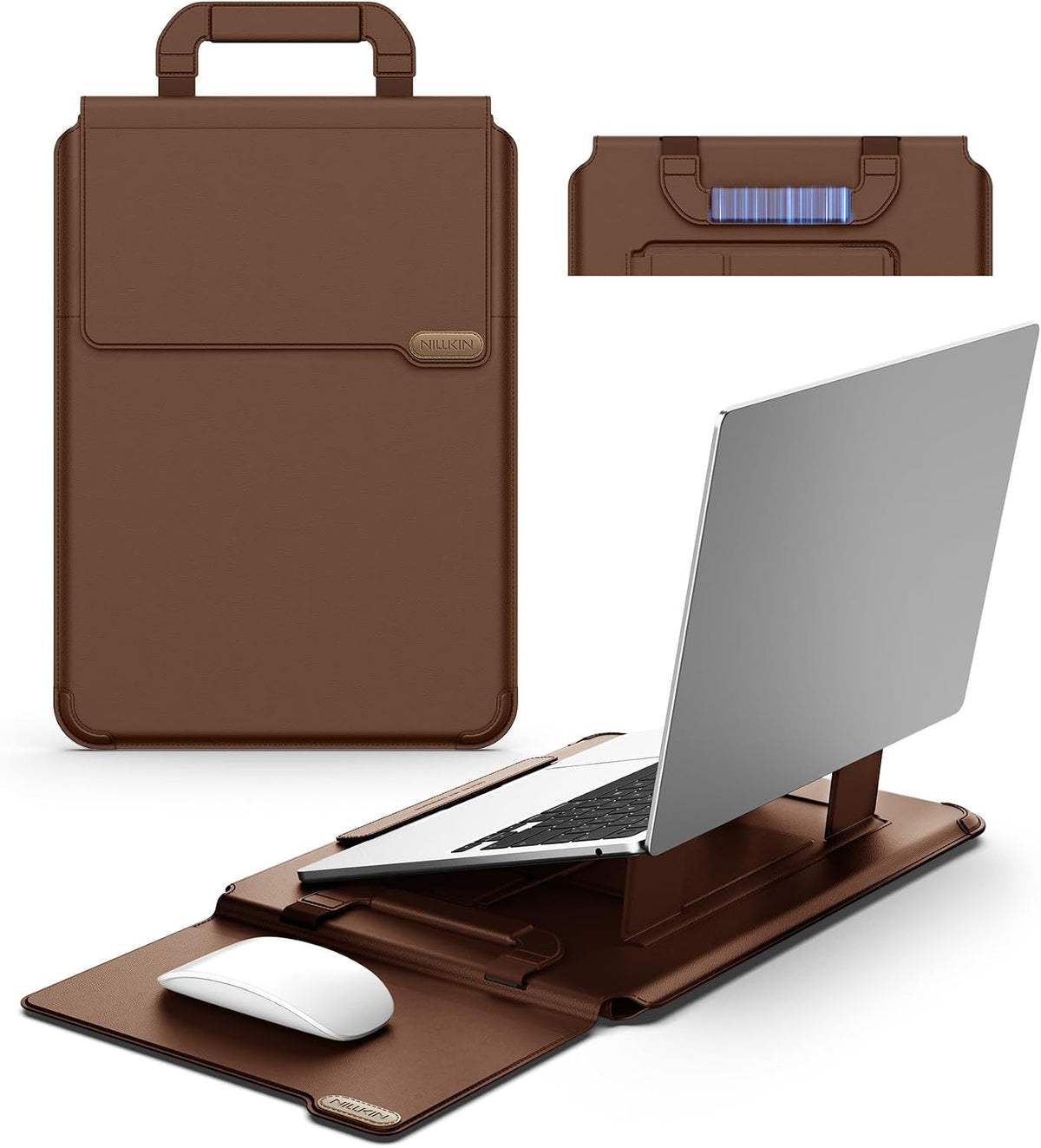 Funda para portátil Nillkin de 16 pulgadas con asa (4 en 1), 2 modos de soporte, funda para MacBook con soporte ajustable y alfombrilla para ratón, marrón