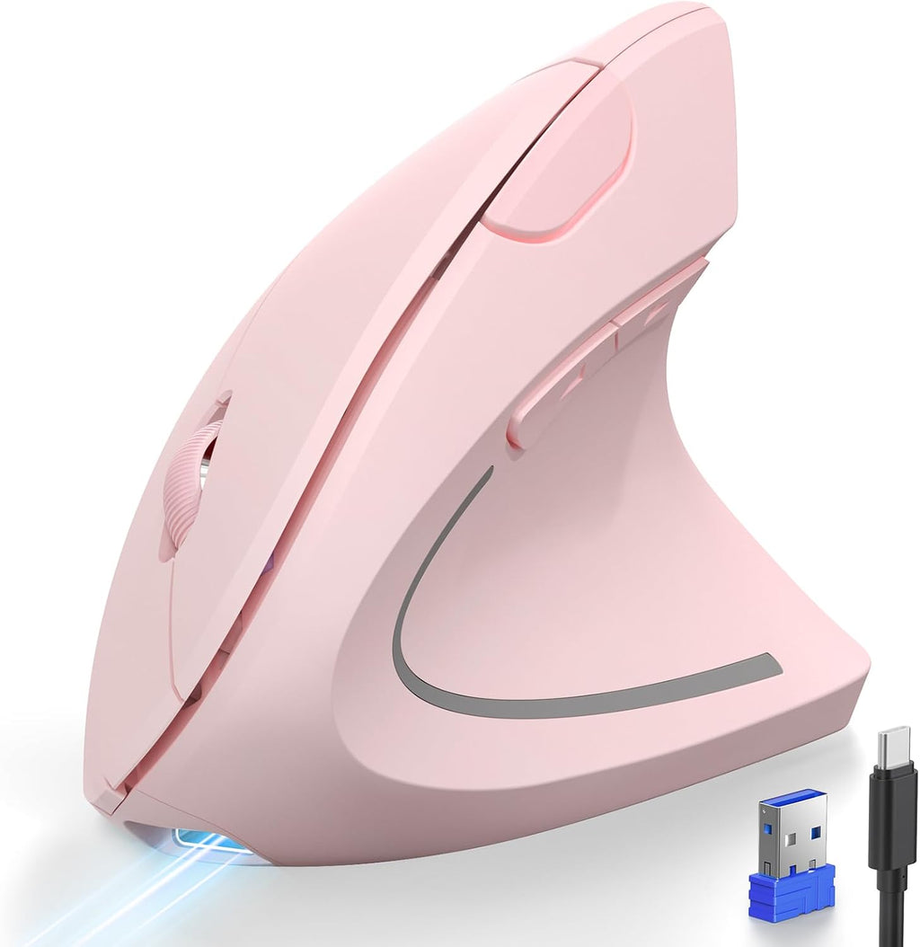 Ratón Ergonómico TECKNET Recargable 2.4G+Bluetooth Vertical DPI Ajustable 6 Niveles Óptico Inalámbrico Túnel Carpiano Mano Derecha Portátil PC Computadora MacBook iPad Rosa