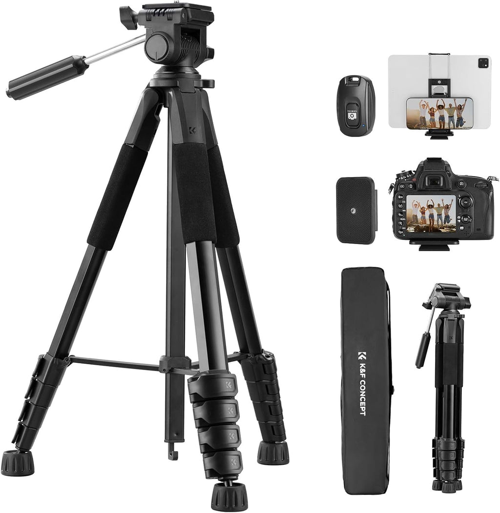 Trípode para Cámara K&F CONCEPT 75 pulgadas | Ligero y Portátil para Viaje, DSLR y Celular | Con Clip para Smartphone, Live Streaming y Vlog | Negro