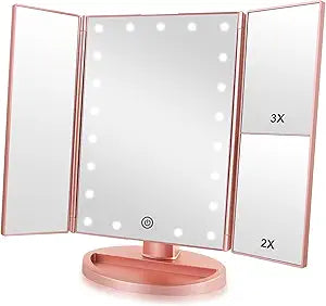 Infitrans Espejo de Maquillaje Trifold con Luces LED – Aumento 1X 2X 3X, Control Táctil, Rotación Ajustable, Doble Fuente de Poder, Portátil