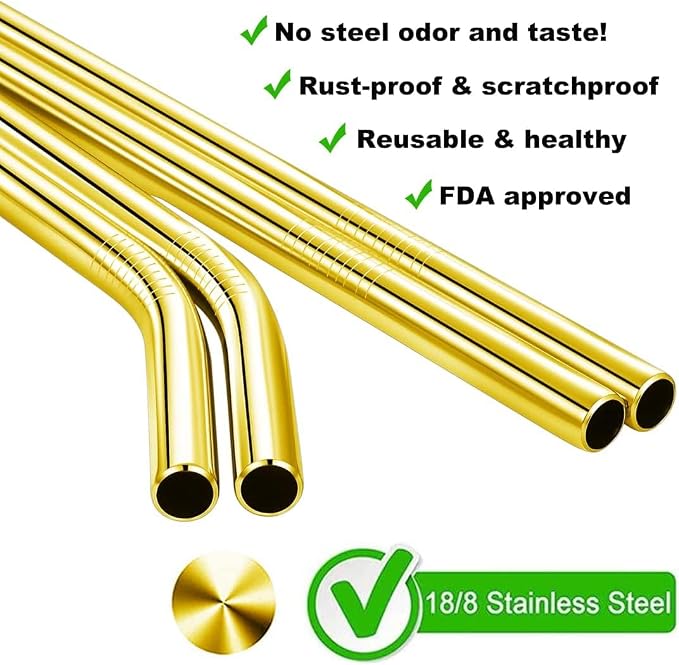Vinaco Pajillas Grandes para Batidos Acero Inoxidable Dorado – Pack 5 Piezas (4 Pajillas + 1 Cepillo)