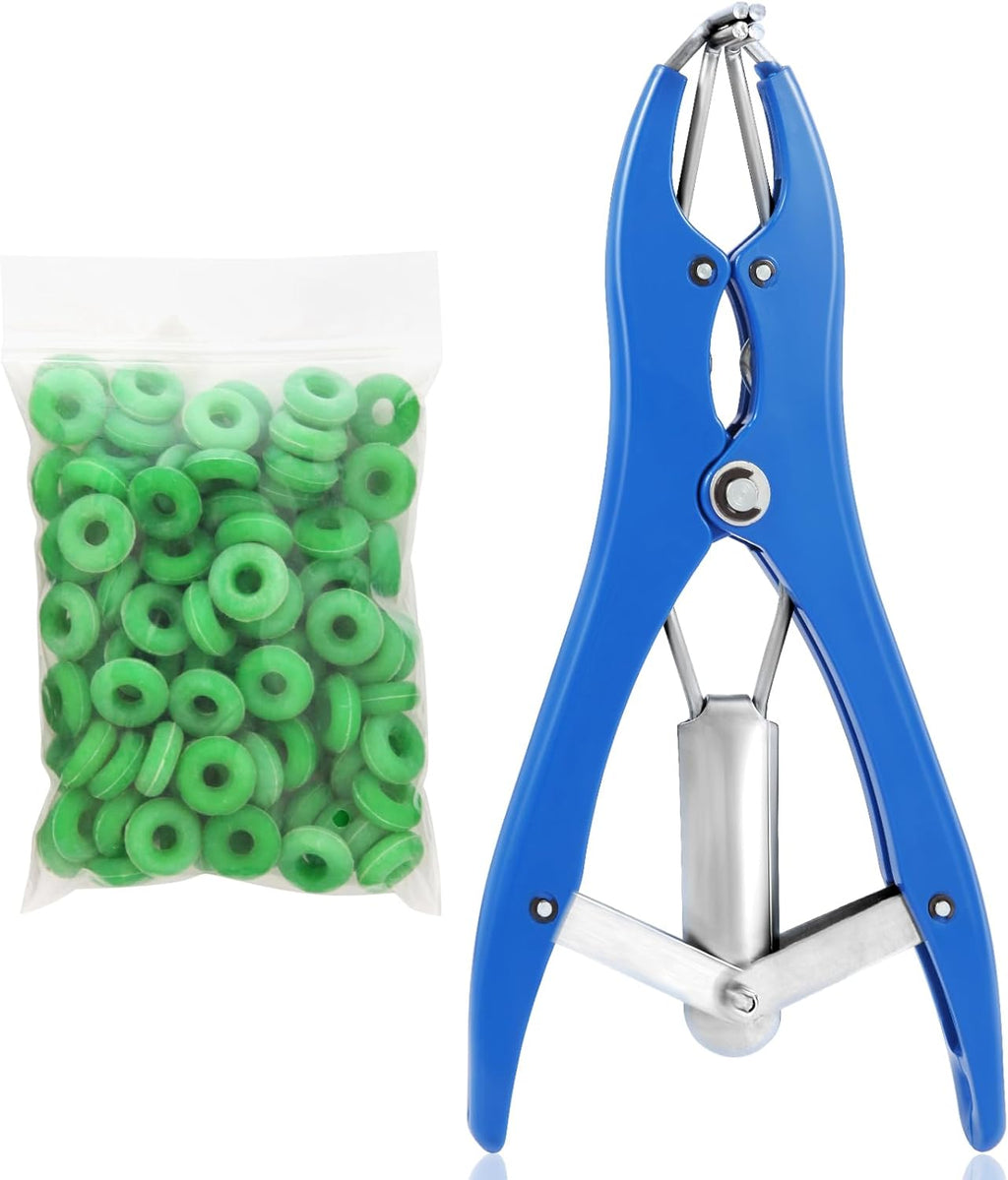 Kit de Bandas para Ganado Jabcmier | Aplicador de Acero Inoxidable + 100 Bandas de Goma + Expansor | Herramienta Ganadera Profesional
