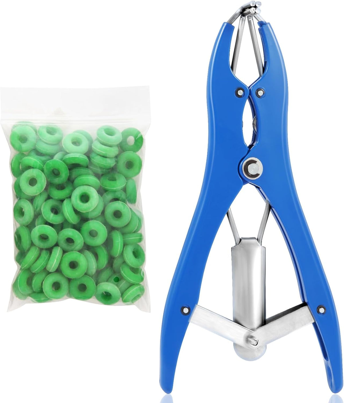 Kit de Bandas para Ganado Jabcmier | Aplicador de Acero Inoxidable + 100 Bandas de Goma + Expansor | Herramienta Ganadera Profesional