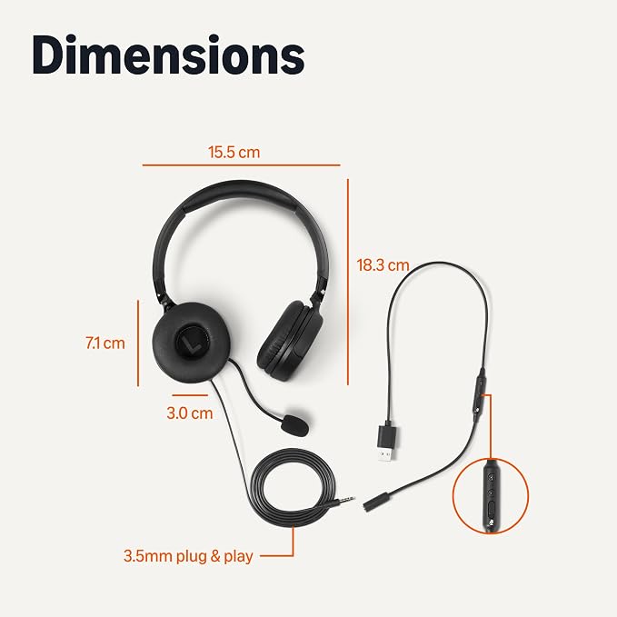 Auriculares supraaurales para ordenador Amazon Basics con cable, micrófono ajustable, conexión de 3,5 mm, control por cable con USB-A, plegables, ideales para oficina, smartphone, PC y portátil. Color negro.